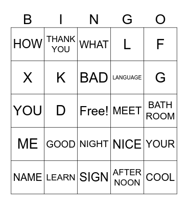 SIGN LANGUAGE BINGO Card