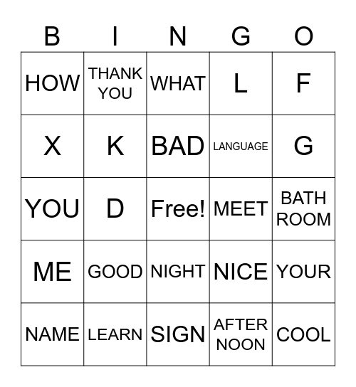 SIGN LANGUAGE BINGO Card
