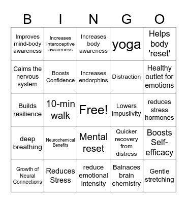 Exercise and Emotional Regulation Bingo Card