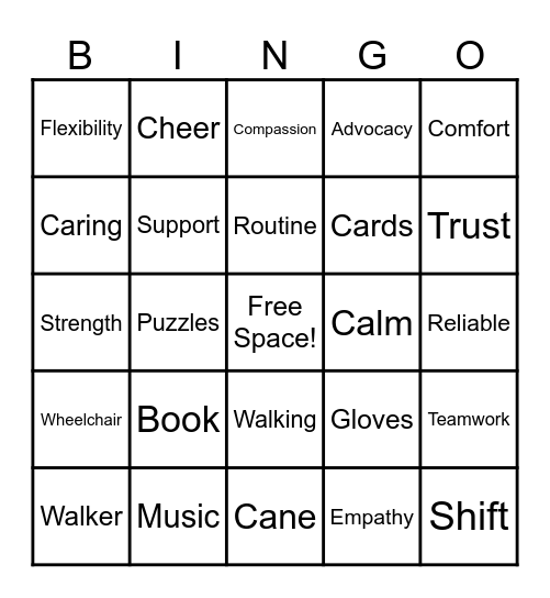 Caregiver Bingo Card