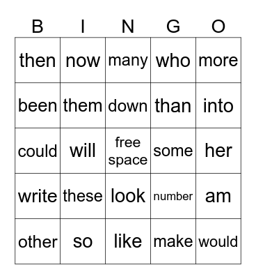 Sight Words Bingo Card