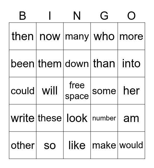 Sight Words Bingo Card