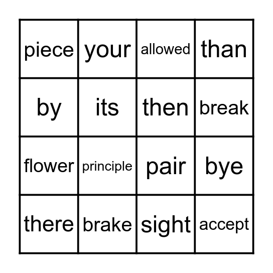 HOMOPHONE BINGO Card
