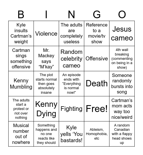 South Park Bingo Card