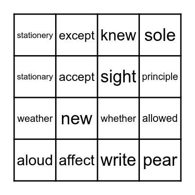 HOMOPHONE BINGO Card