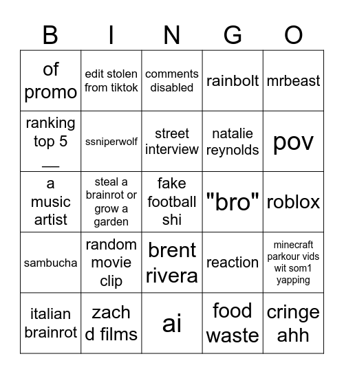 YOUTUBE SHORTS BINGO Card