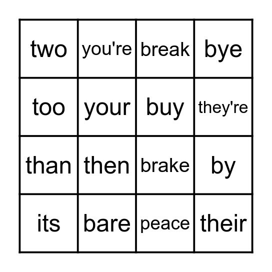 HOMOPHONE BINGO Card