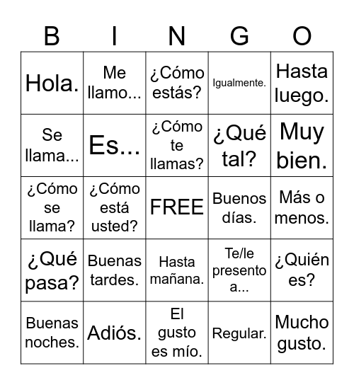Vocabulario - Unidad Preliminar Bingo Card
