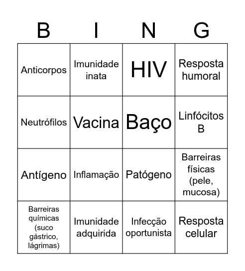BINGO IMUNOLÓGICO Bingo Card