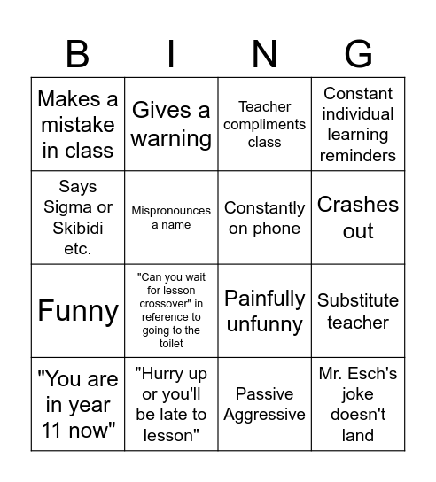 HPA Teacher Bingo Card
