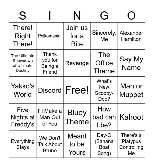 Singo: Pop Culture! Bingo Card