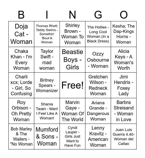 Just Like a Woman Bingo Card
