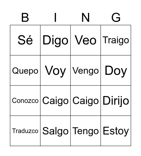 Los Verbos Irregulares - Yo Bingo Card