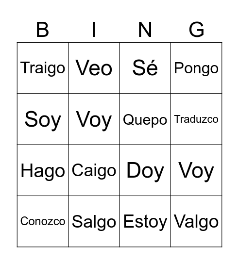 Verbos Irregulares - Yo Bingo Card