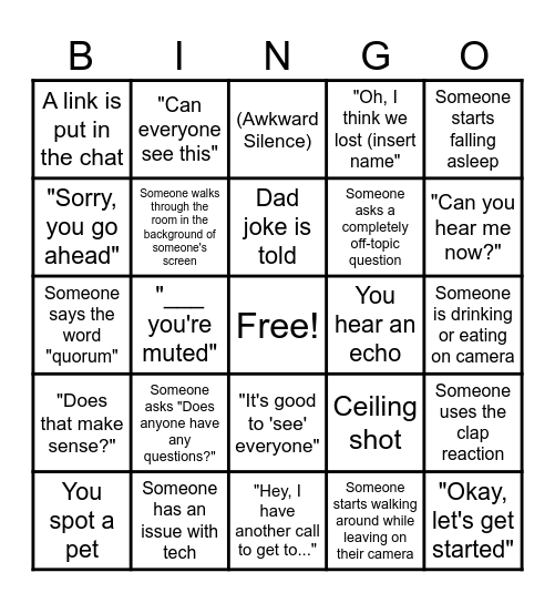 Zoom Meeting BINGO Card