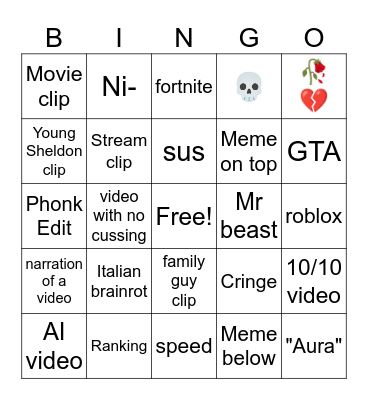 YouTube Shots Bingo Card