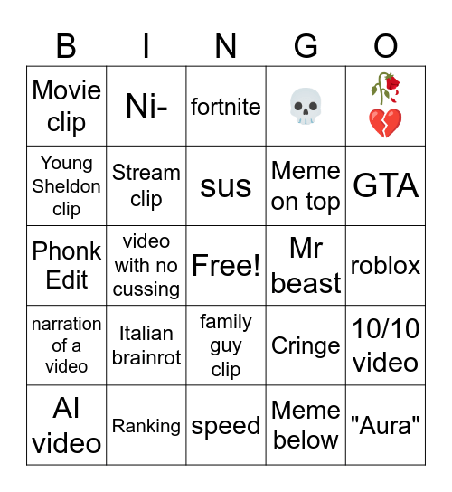 YouTube Shots Bingo Card