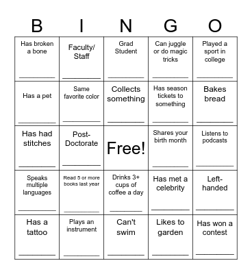 Get to Know: Biomedical Sciences Bingo Card