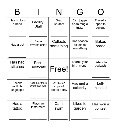 Get to Know: Biomedical Sciences Bingo Card