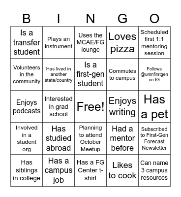 First Too Kickoff & Program Orientation Bingo Card
