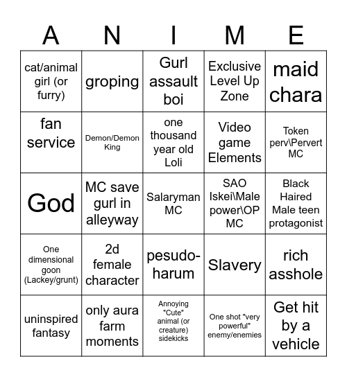 Anime-slop Binga Bingo Card