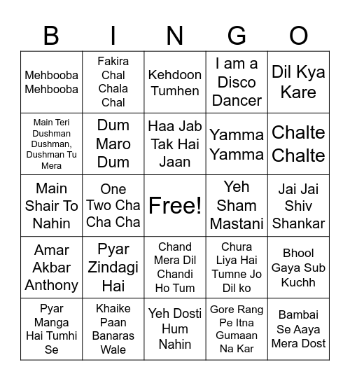 70's Bollywood Bingo Card