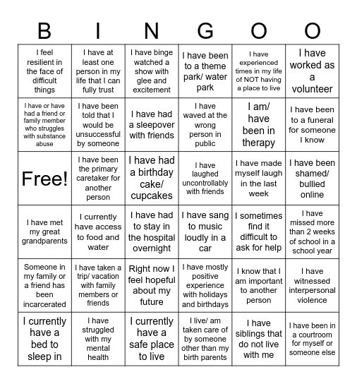 Life Experience Bingo Card