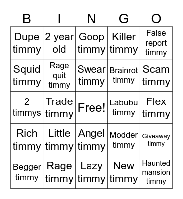 Little Timmy Bingo Card