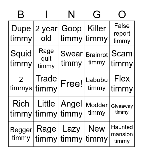 Little Timmy Bingo Card