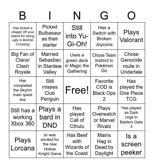 Gamer Bingo Card