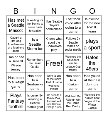 Seattle Sports Trivia Bingo Card