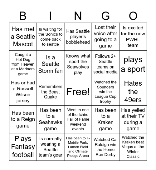 Seattle Sports Trivia Bingo Card