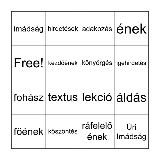 A református istentisztelet liturgiája Bingo Card
