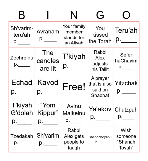 Rosh Hashanah Bingo Card