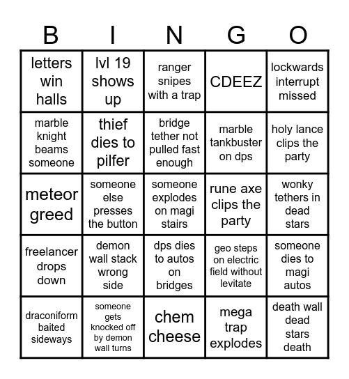 Lilly's Last Lap Bingo Card