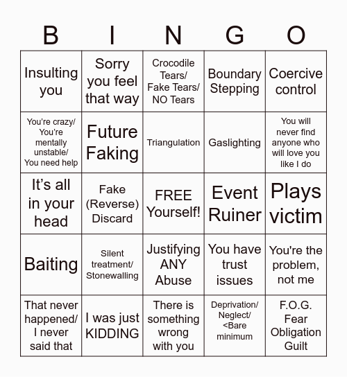 NARCISSIST BINGO Card