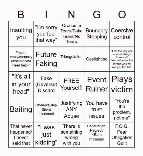 Narcissist Bingo Card