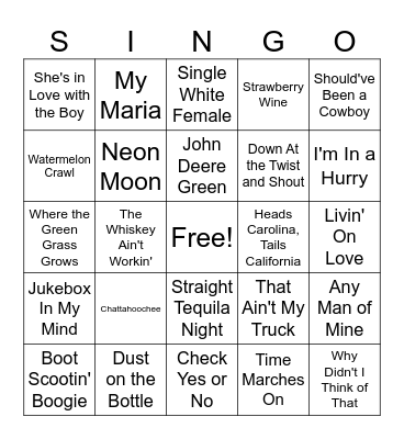 90's Country Bingo Card