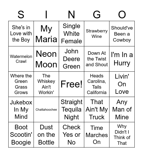 90's Country Bingo Card