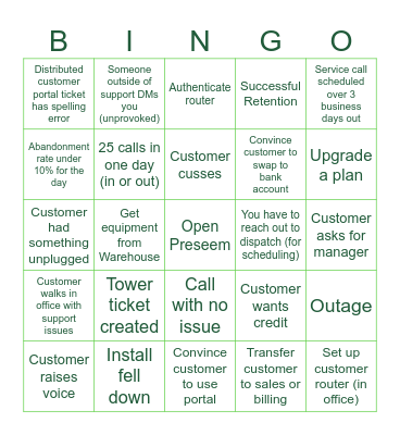 Support Bingo Card