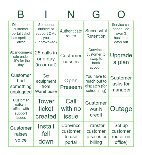 Support Bingo Card