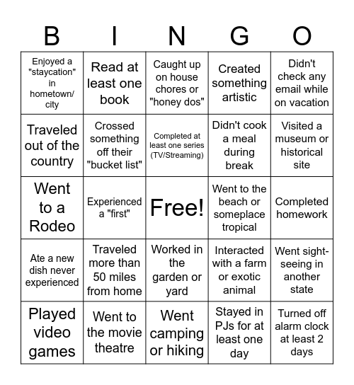 Spring Break Share Out Bingo Card