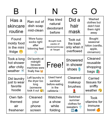 Hygiene Bingo Card