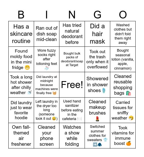 Hygiene Bingo Card