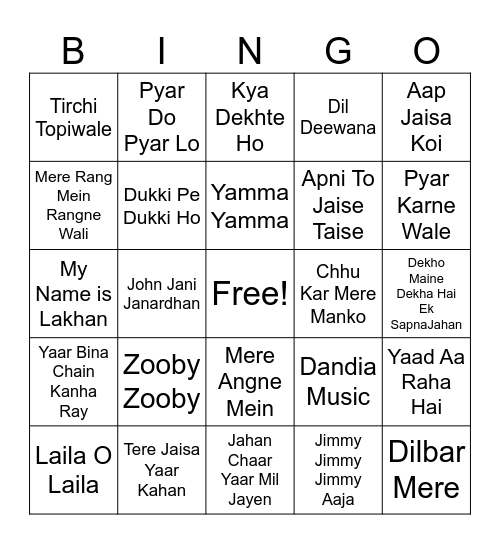80's Bollywood Bingo Card