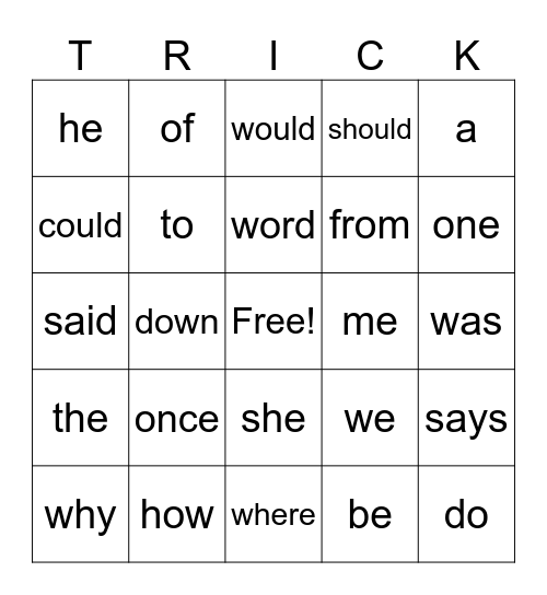 Tricky Words Unit 1 Bingo Card
