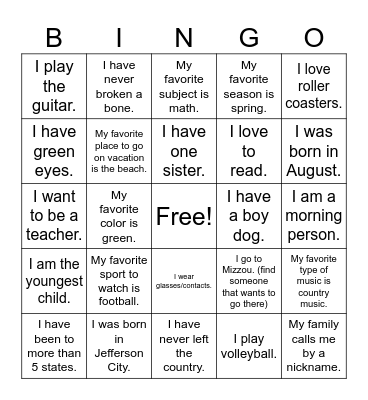 Get to Know Ms. Alice Bingo Card