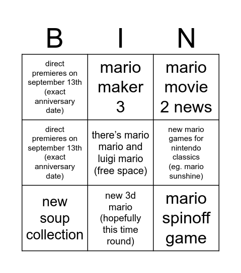 mario directt Bingo Card