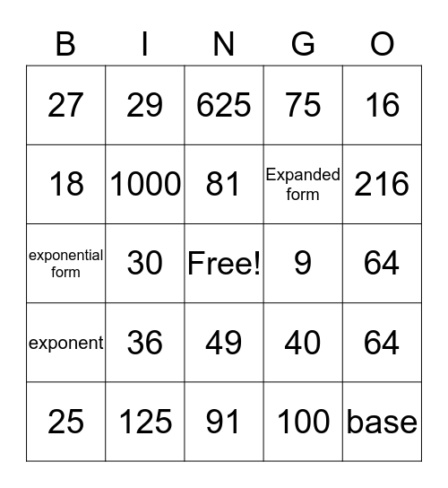 Mrs A _ Exponents 6th Grade Bingo Card