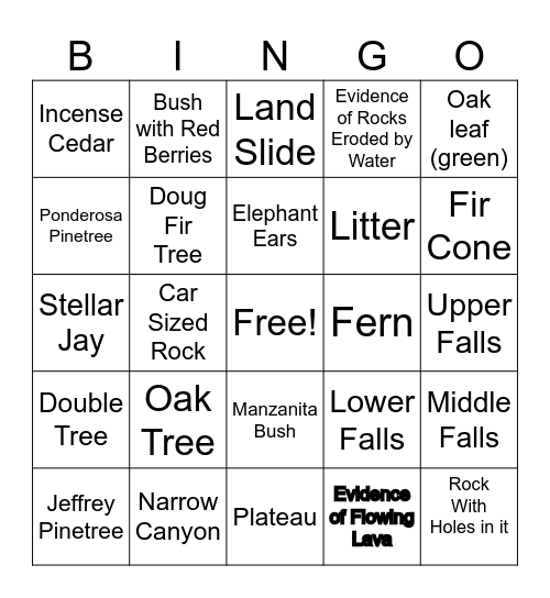 McCloud Falls - Fall Version Bingo Card